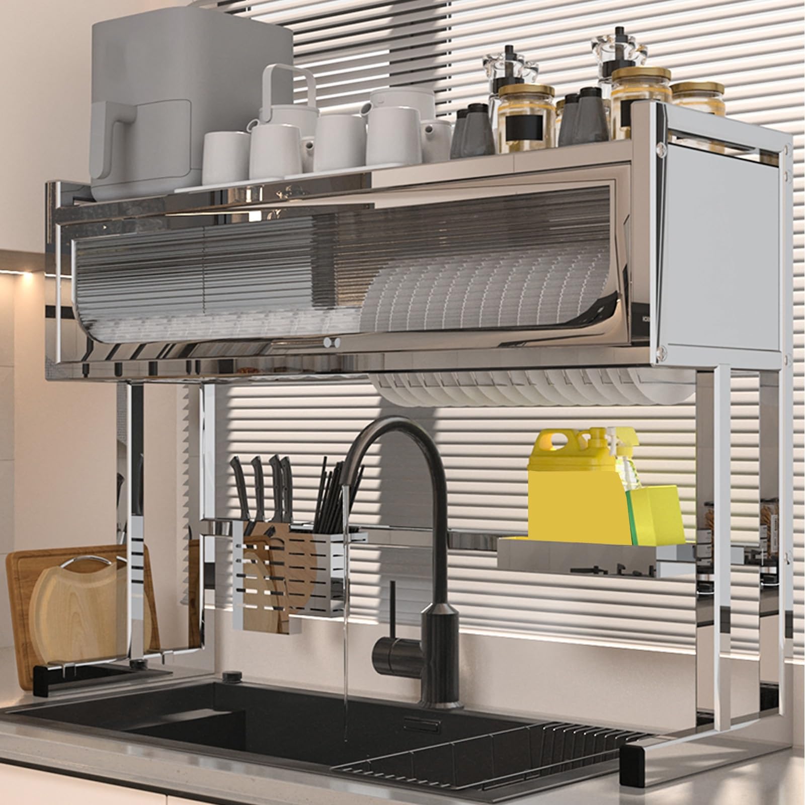 CAFIEDR Over Sink Dish Drying Rack, Carbon Steel Kitchen Dish Drainer With Lid, Large 29.5In Countertop Strainer For Bowls, Plates * Cutlery - Black, Space-Saving Design.Steel-85cm/33.5in