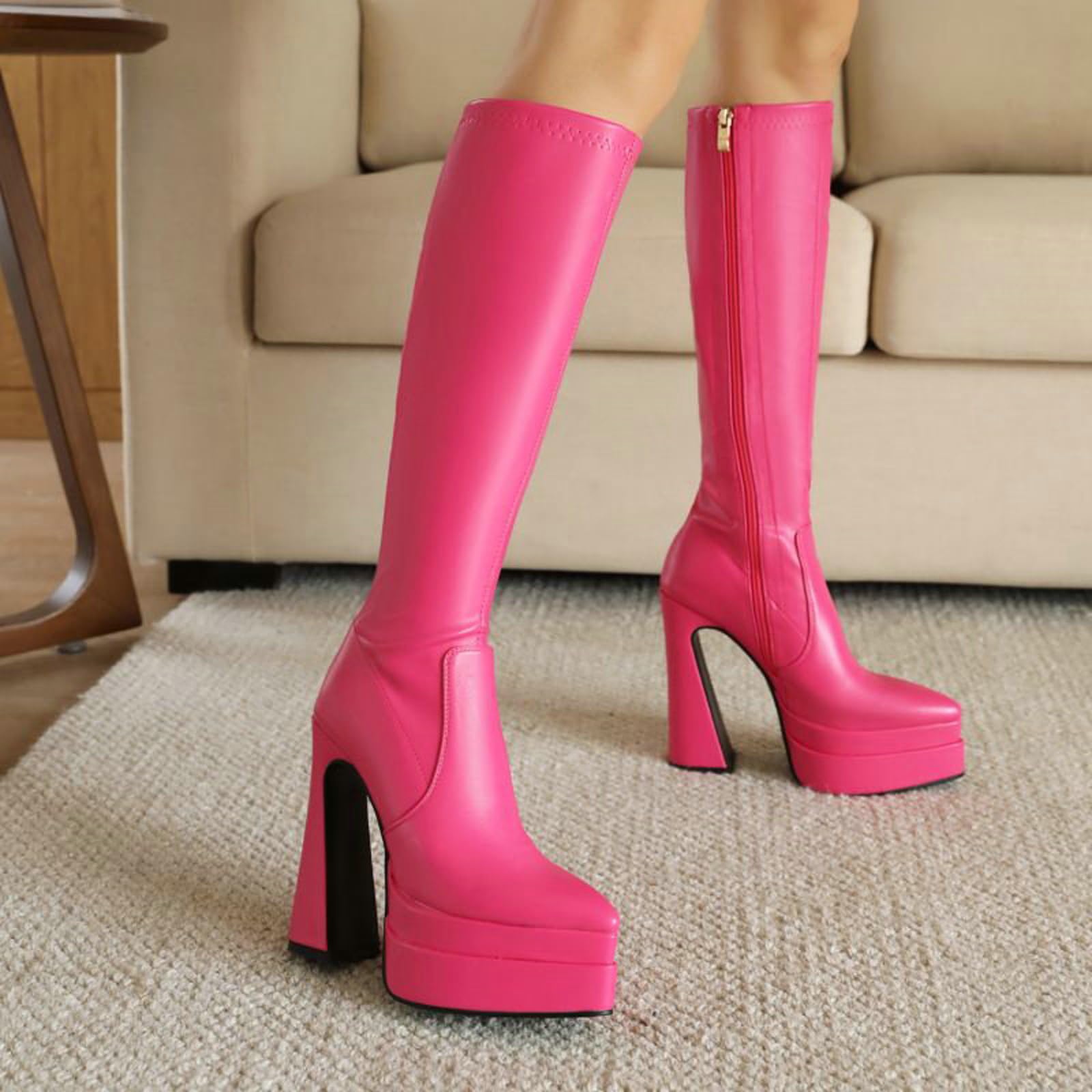 YYZTXF Damskie buty ze szpiczastym noskiem z bocznym zamkiem błyskawicznym na platformie Kozaki do kolan, Długie buty na grubym obcasie, Wysokie buty na jesień i zimę