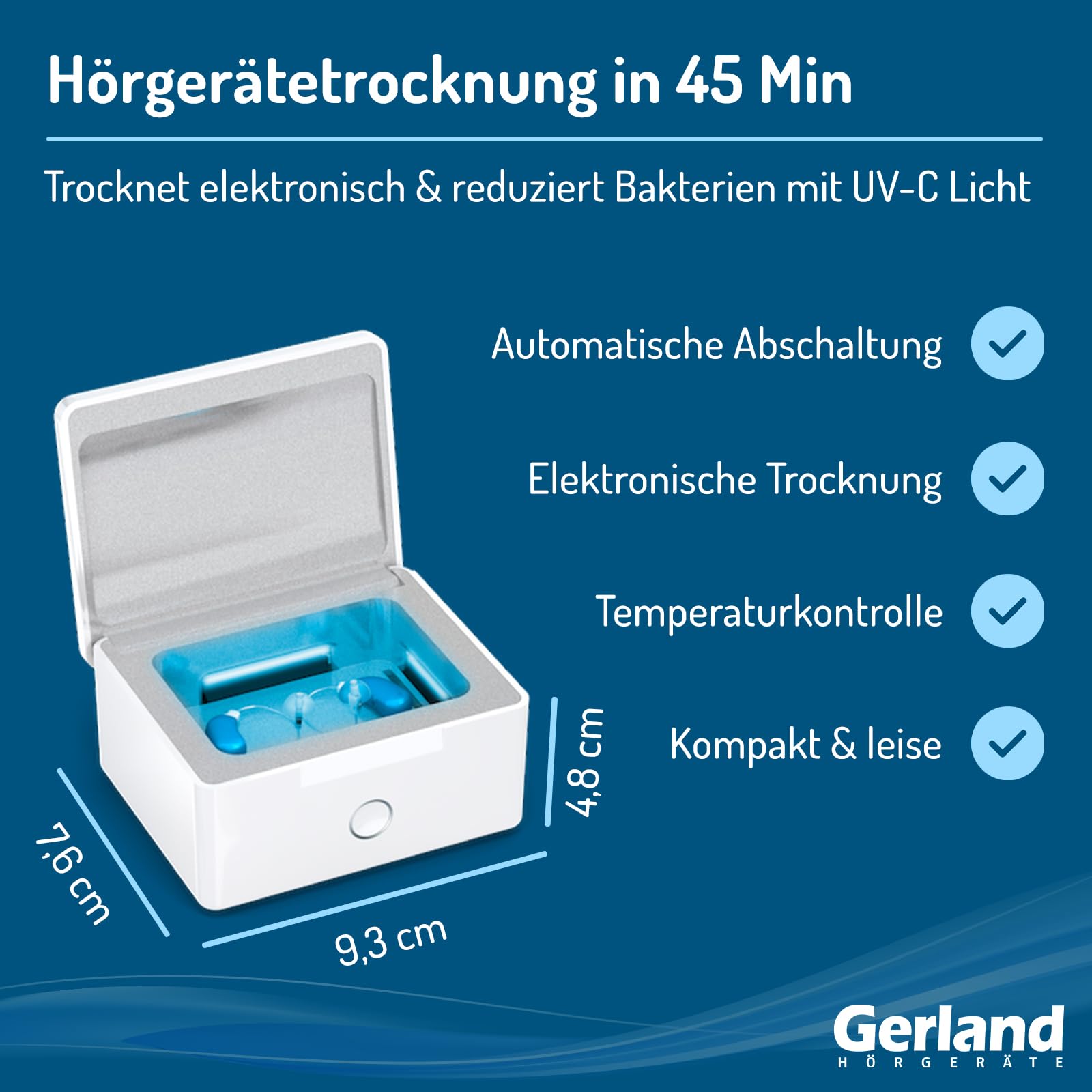 Gerland PerfectDry Lux Elektronische Trockenstation für Hörgeräte 360° UV-C Lampe Schnelltrockung 45min
