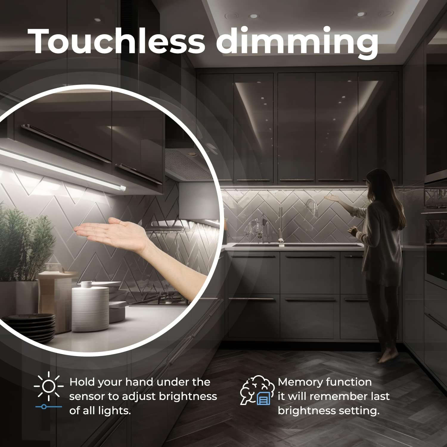 EShine Hand Wave Activated Under Cabinet LED Lighting Kit, Dimmable, 3-Pack 20 in - Touchless Dimming Control, White Under Counter Lights for Kitchen, Garage, Office, Desk - Cool White (6000K)