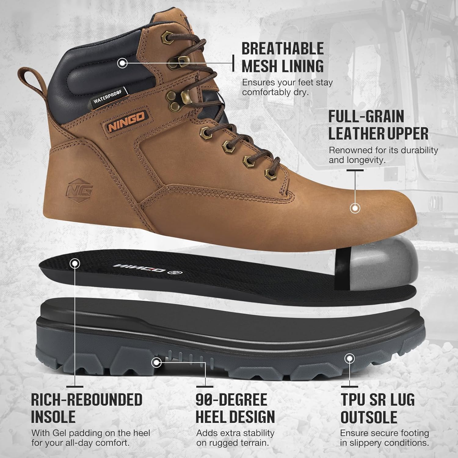 NINGO Work Boots for Men, Steel Toe Waterproof Boots with Puncture Proof, Oil & Slip Resistant, Comfortable Mens Construction Boot with EH Protection, Leather Shoes for Industrial - Image 3