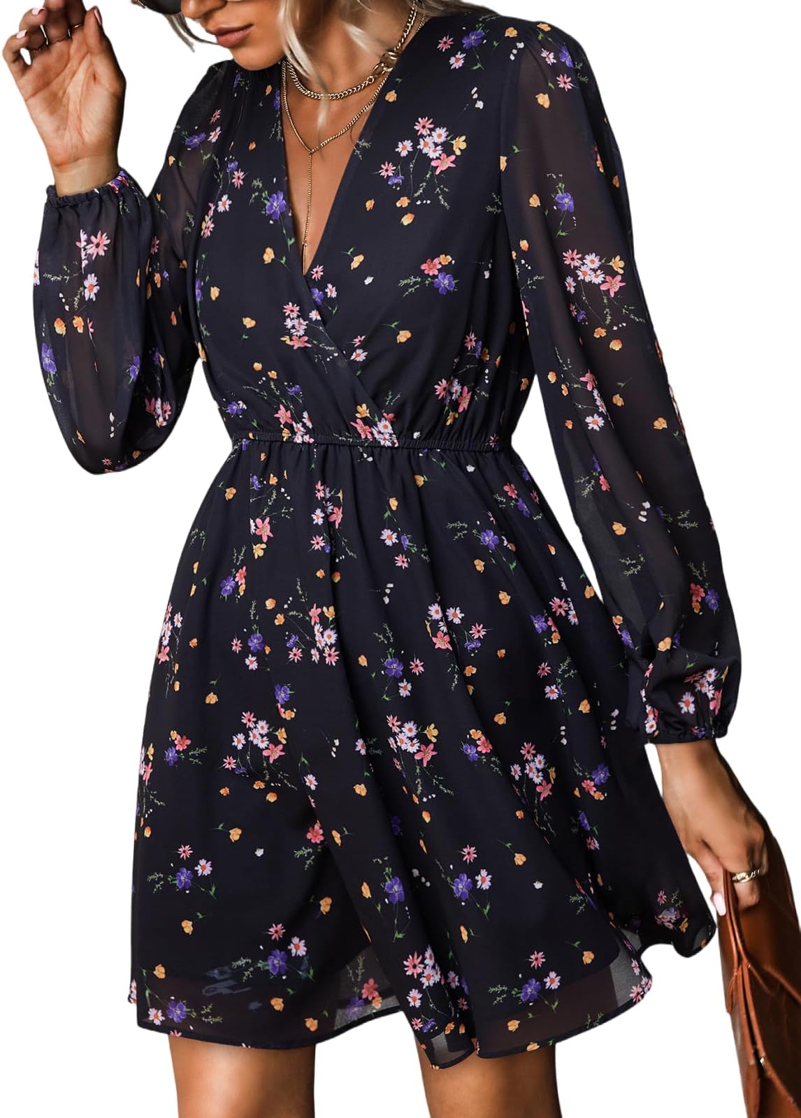 CUPSHE Women's Mini Dresses Casual Spring V Neck Chiffon Long Peasant Sleeves Flowy Spring Dress