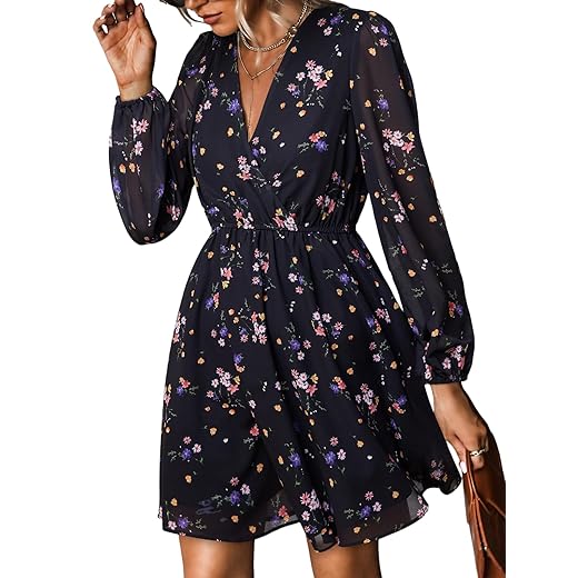 CUPSHE Women's Mini Dresses Casual Spring V Neck Chiffon Long Peasant Sleeves Flowy Summer Dress