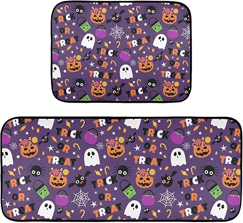 KOPIRIT Juego de 2 tapetes de cocina de caramelo de Halloween, lavables, acolchados, antifatiga, tapete de cocina para interiores, tapete acolchado