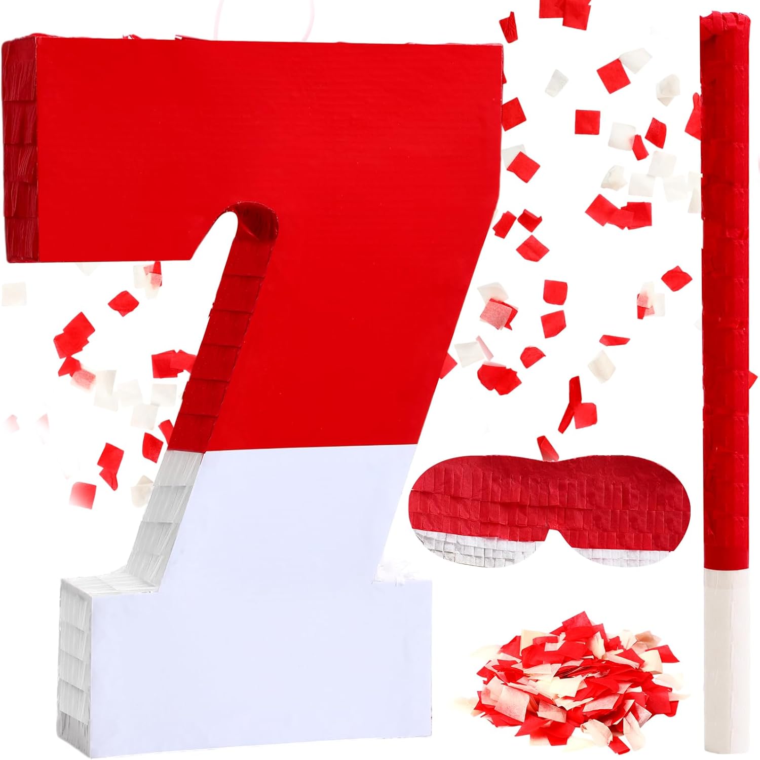 Poen Number 7 Piñata with Batting Stick Eye Mask and Confetti Red and White Piñata for Kids Boys Girls Birthday Anniversary Celebration Decorations Party Supplies, 16 x 11 x 2.8 Inches