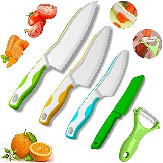 Couteau pour enfants 5 pièces Set de cuisine pour enfants pour couper et cuisiner des fruits ou des légumes pour les tout-petits, y compris un éplucheur couteau de sécurité à partir de 2 ans coffrets