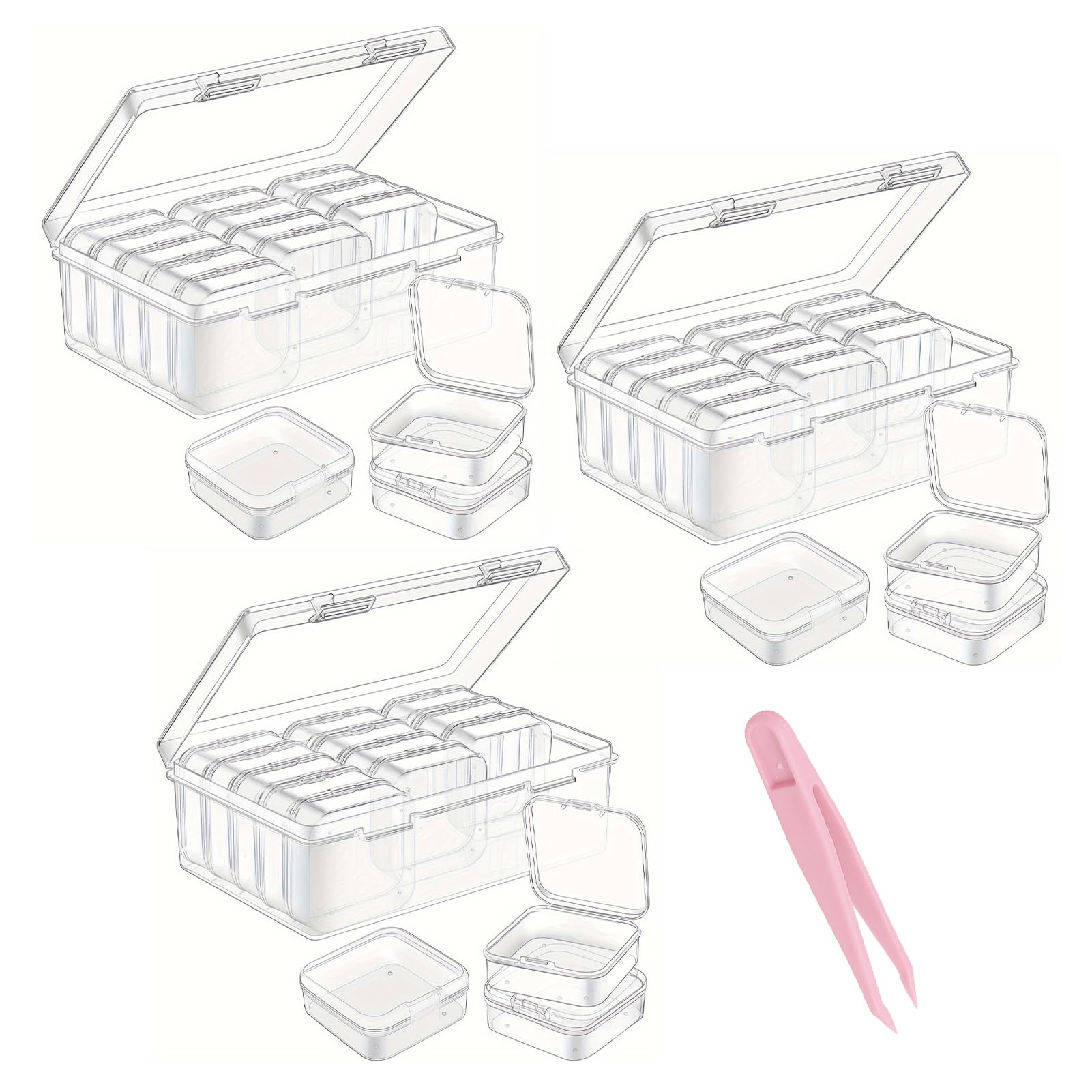 Sernvaloq 48 Pcs Bead Storage Box with Tweezers, 3 Set Small Plastic Storage Boxes with Hinged Lid, Clear Rectangle Craft Diamond Container for Craft DIY Diamond and Other Small Items