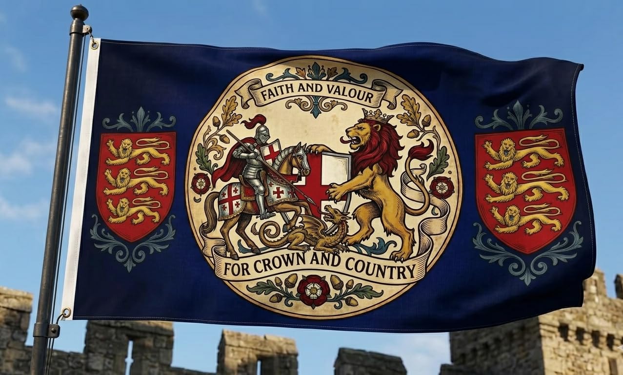 England Heraldic St. George Flag 3x5ft, Premium Patriotic Crest Banner with Grommets – Three Lions Polyester Flag for Football, Cricket, Euros, World Cup, St. George's Day Decoration