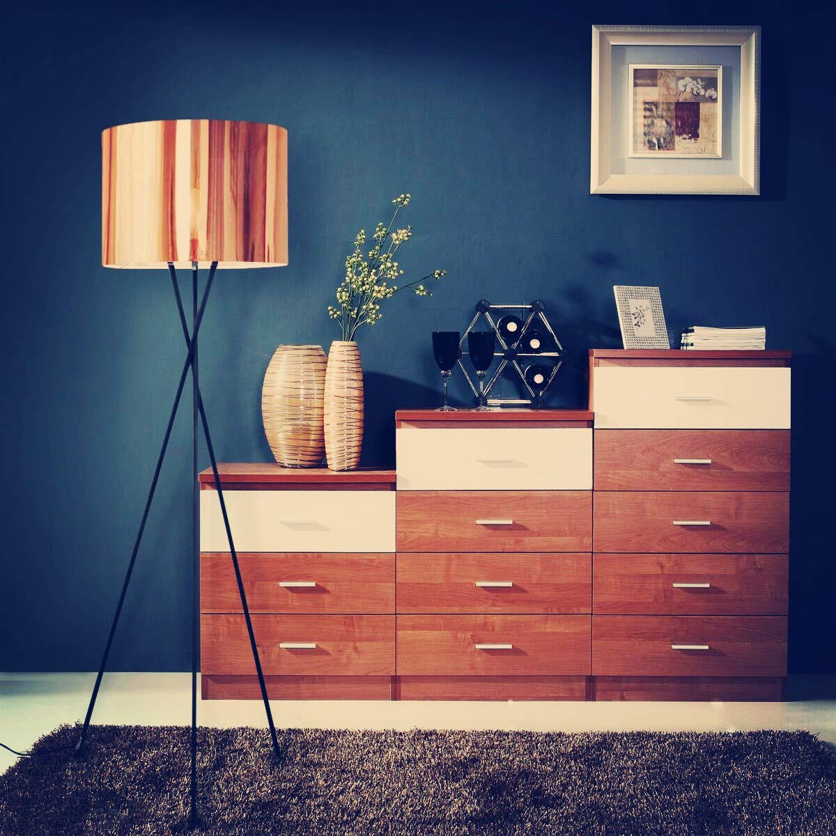 black and copper tripod floor lamp