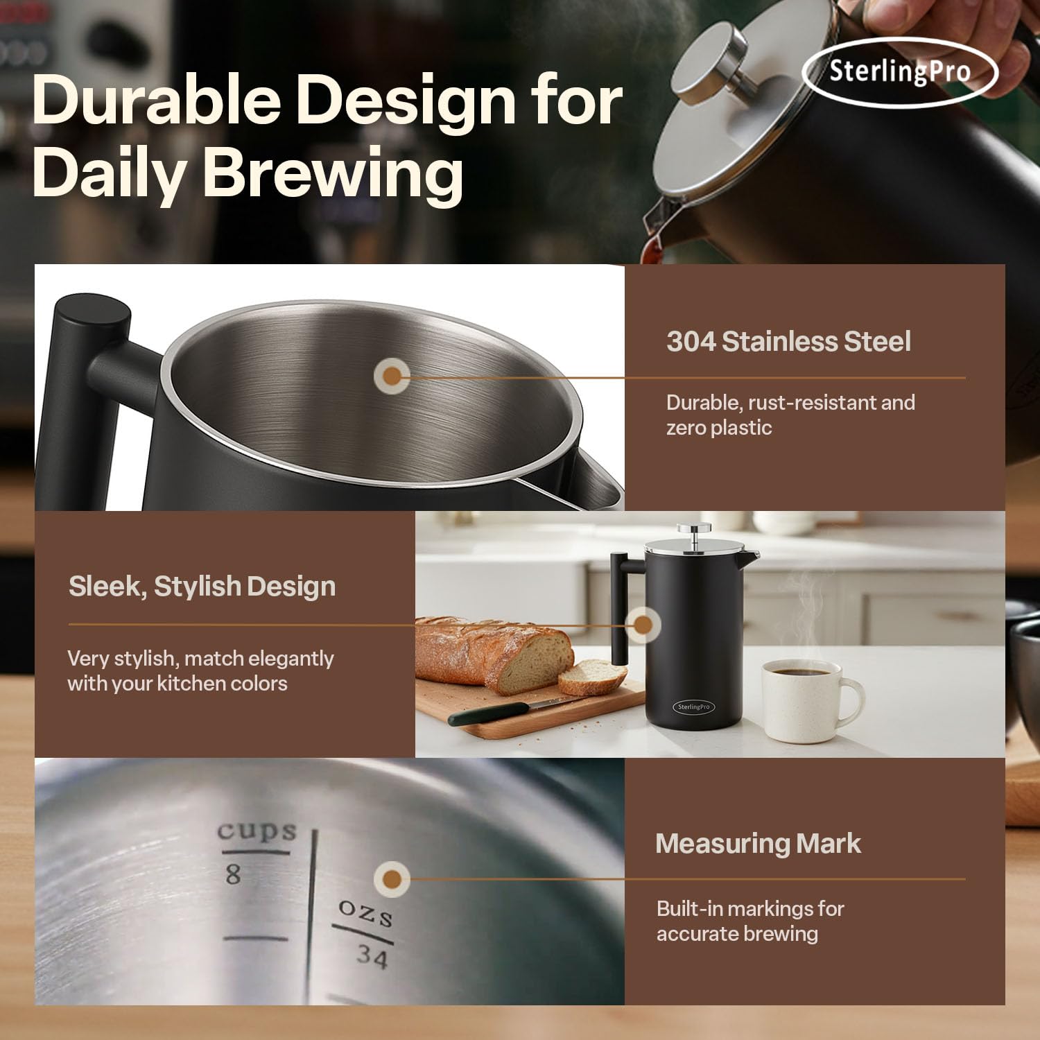 SterlingPro French Press Coffee Maker-Double Walled Large Coffee Press with 2 Free Filters- Granule-Free Coffee, Stylish Rust Free Kitchen Accessory-Stainless Steel French Press (1L, Black)