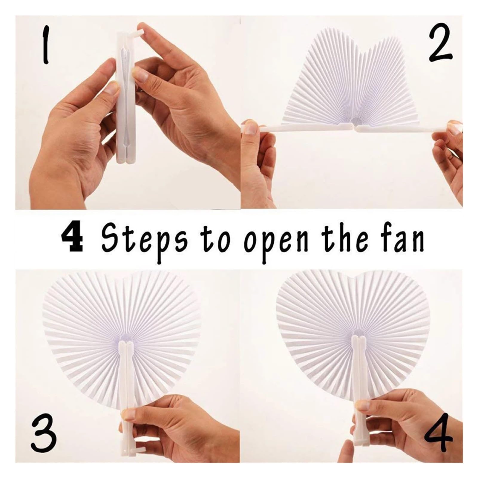Handfächer aus Papier, Weißer herzförmiger Faltbarer Handfächer, DIY-Party, Hochzeit, Packung mit 10–60 Stück(Round,60pcs)