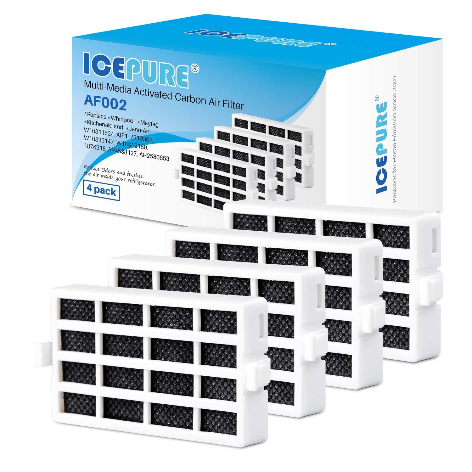 ICEPURE W10311524 Refrigerator Air Filter Replacement for Whirlpool AIR1, W10311524, 2319308, W10335147, 1876318, FreshFlow Air Filter, AP4538127, AH2580853, EA2580853, PS2580853, 4PACK