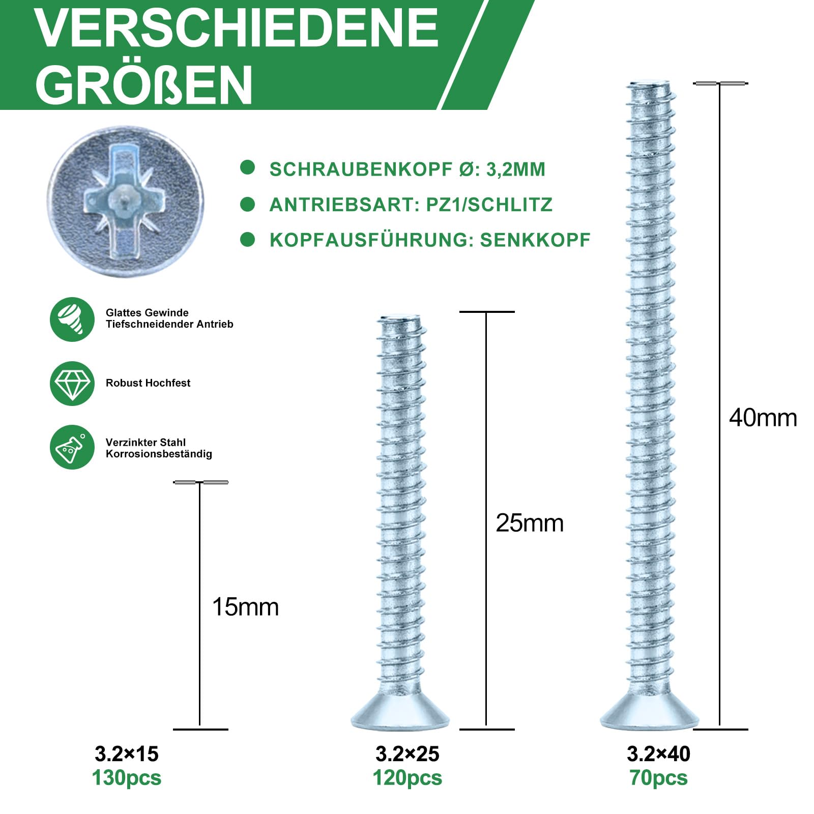 Foliv 320 sztuk śrub do puszek przełączników, śruby maszynowe, pudełko asortymentowe Ø 3,2 x 15 mm, 3,2 x 25 mm, 3,2 x 40 mm, śruby wpuszczane ze stali ocynkowanej z PZ1/szczeliną, do naprawy