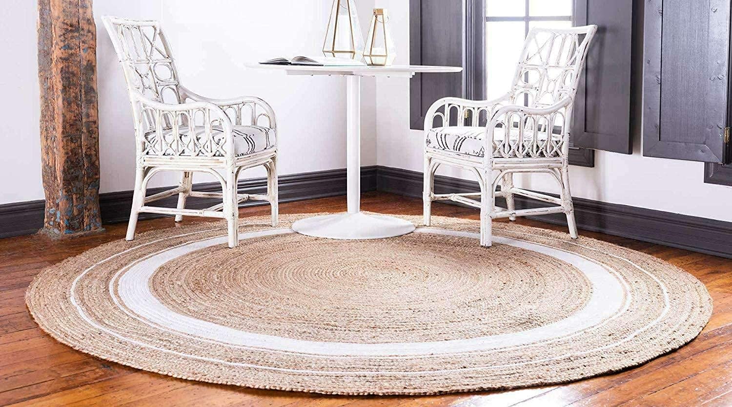 Tapis rond en jute naturelle tressé, fait à la main, réversible (150 x 150 cm) - Beige et blanc