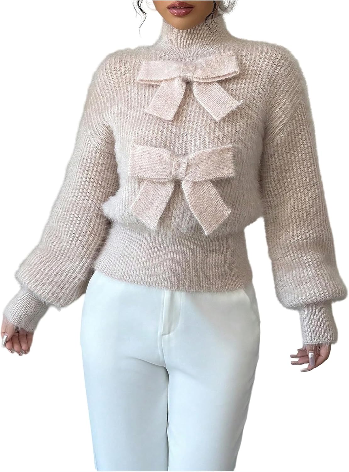 Verdusa Women's Coquette Bow Sweater High Neck Fuzzy Pullover Tops