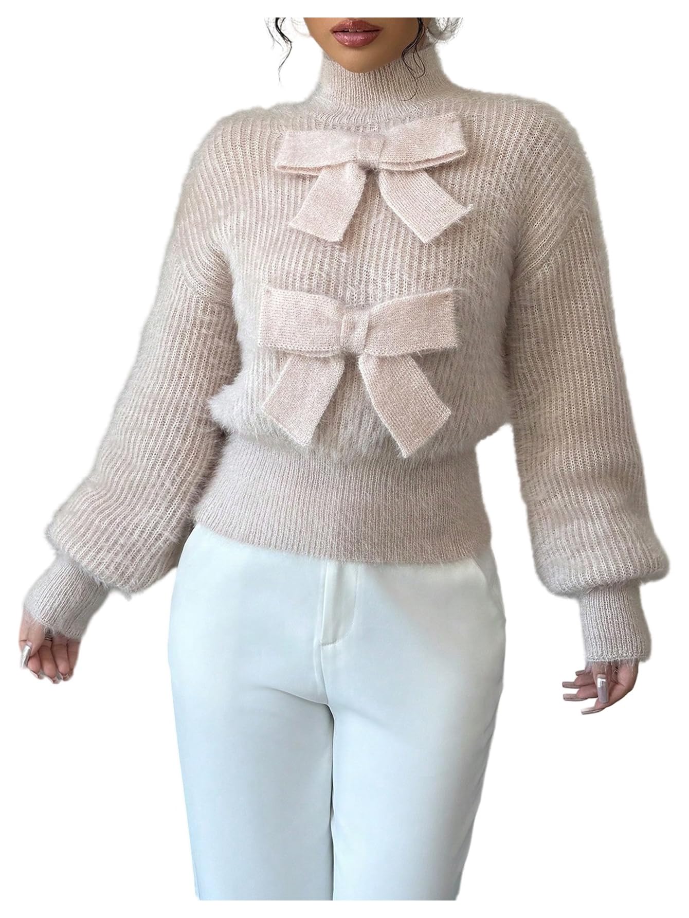 Verdusa Womens Coquette Bow Sweater High Neck Fuzzy Pullover Tops
