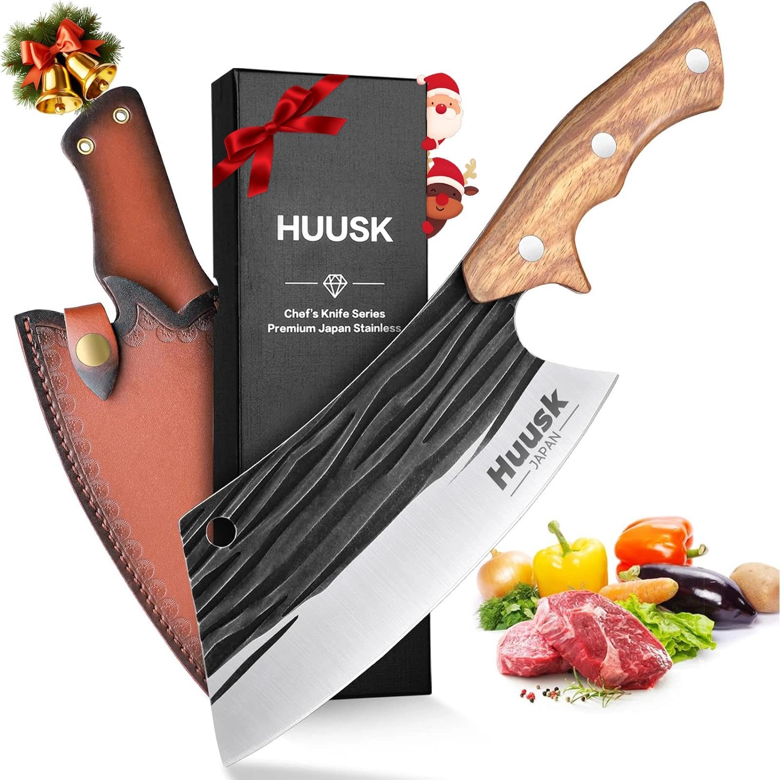 Huusk Butcher Knives for Meat Cutting, Hand Forged Meat Cleaver Knife Full Tang Kitchen Knife High Carbon Steel Chef Knives Heavy Duty Butcher Knife for Camping, BBQ Christmas Gifts Idea