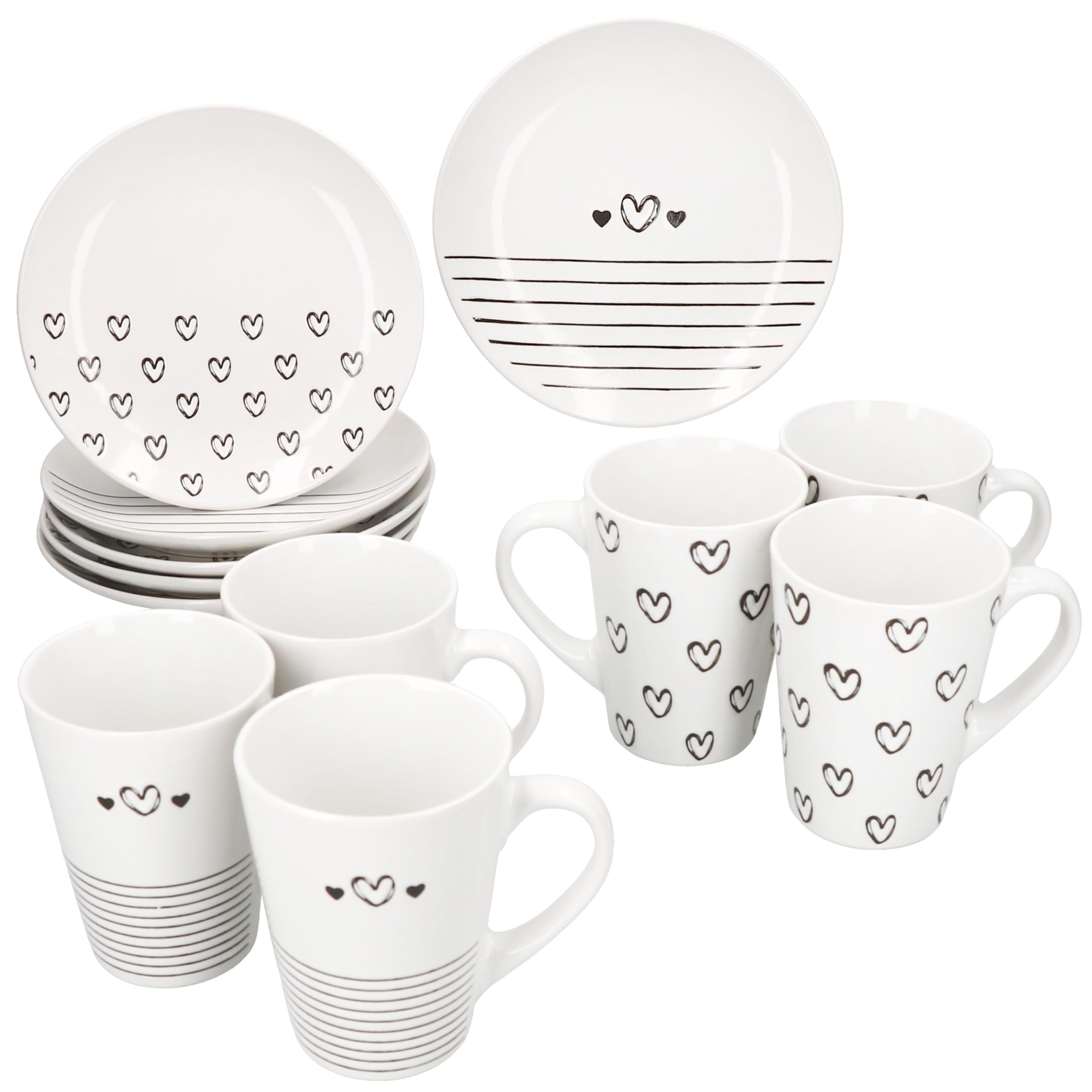 MamboCat Cupid 12tlg Frühstücksset I 6x Kuchenteller Ø18,5cm & 6x Kaffeebecher 350ml I Porzellan Geschirr schwarz-weiß mit Herz & Streifen Dekor I für Frühstück & Kaffeezeit