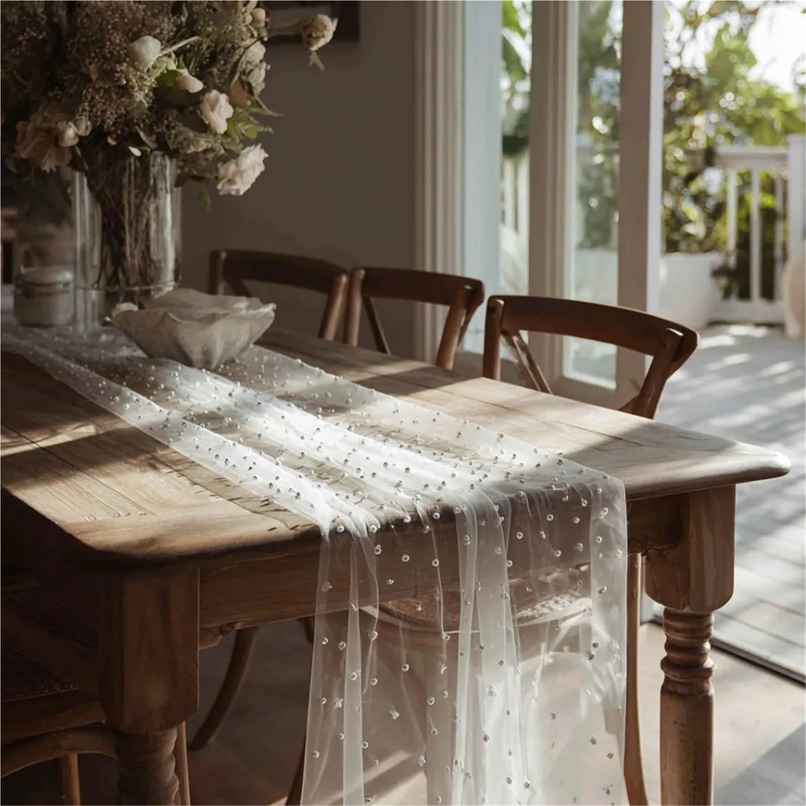 118 inch White Pearl Tulle Table Runner Suitable For Bridal Parties Dessert Decorations Valentine's Day