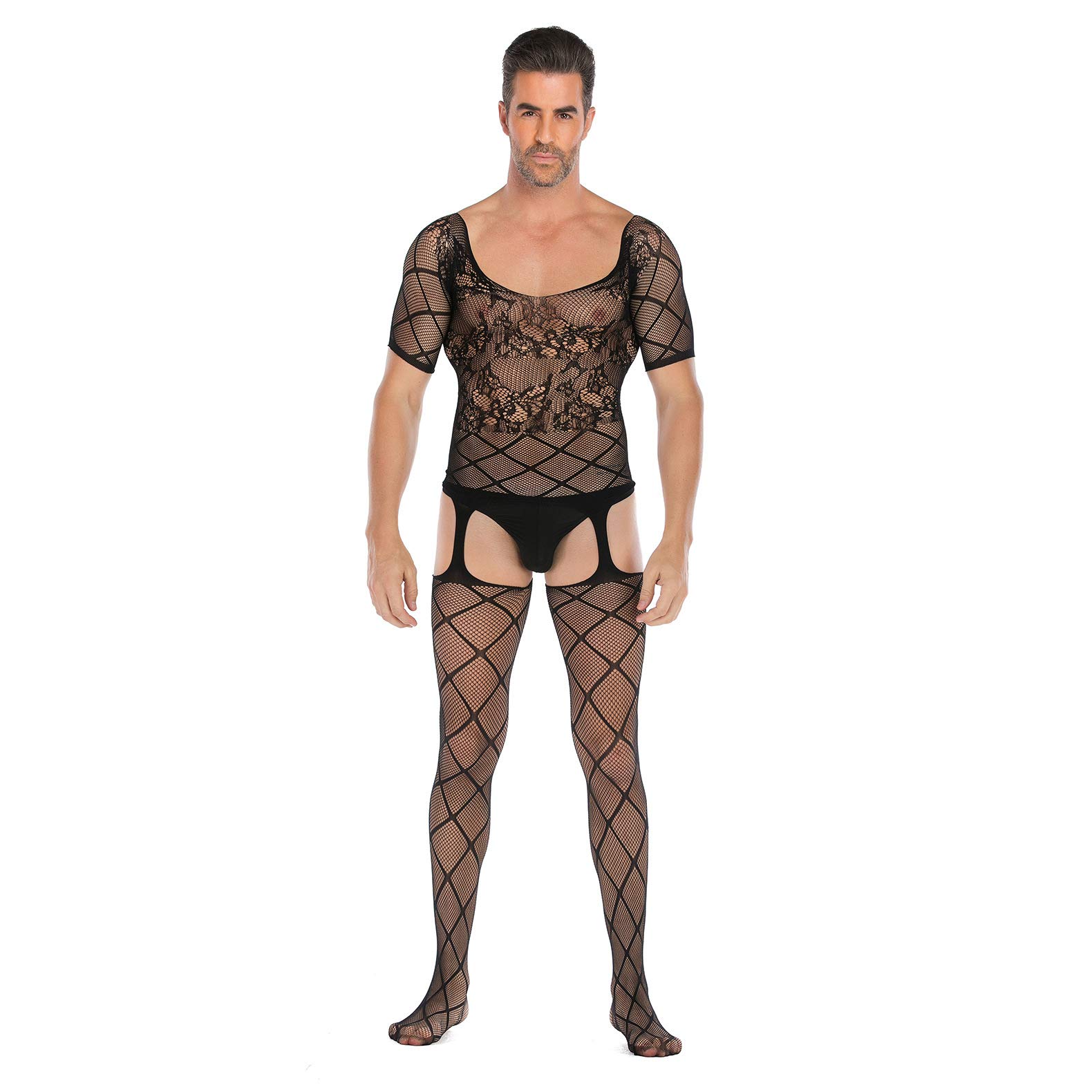 Czizitong Men's half-sleeved open sex pajama uniform seduction high-stretch jacquard jumpsuit lingerie
