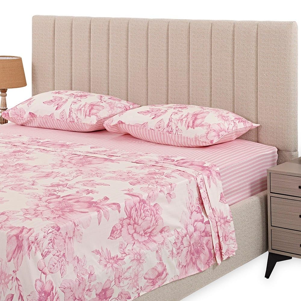 homes r us هومز أر أس Mariel King-Sized Flat Sheet Set, Pink & White - 255x274 cm