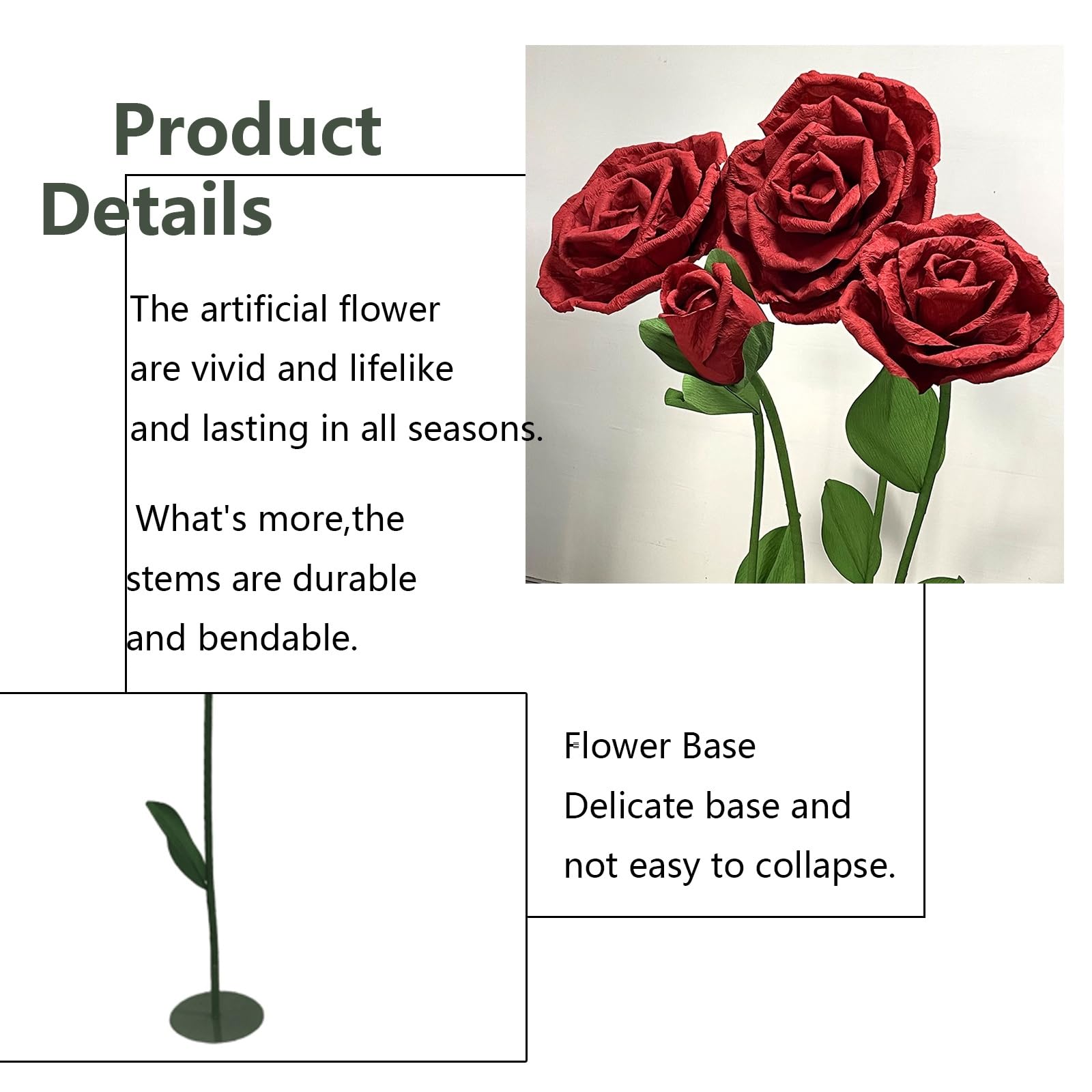 Fiori decorativi per feste, rose di carta con base in piedi per ricevimenti di nozze e sfondo banchetto