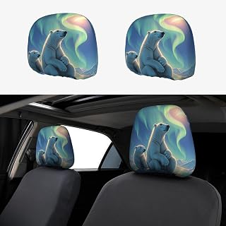 2 Pcs Car Seat Headrest Cover,Stretch Breathable Head Rest Cover Polar Bears & Northern Lights Washable Headrest Protector Reusable Dust Cover for Cars Seat Headrests Car Accessories
