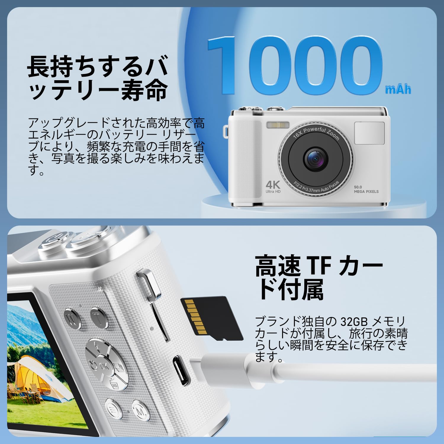 Fotocamera digitale 4K, vera fotocamera da vlogging 50 MP con scheda TF 32 G, zoom 16x, messa a fuoco automatica AF, schermo anti-tremore, schermo LED da 2,83 pollici, Flash, dispositivo