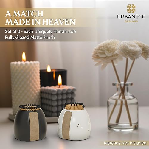 Miniatura 2 de Juego de 2 soportes para fósforos con delantero, cerámica hecha a mano con acabado mate esmaltado en negro y blanco moteado, mejora la decoración