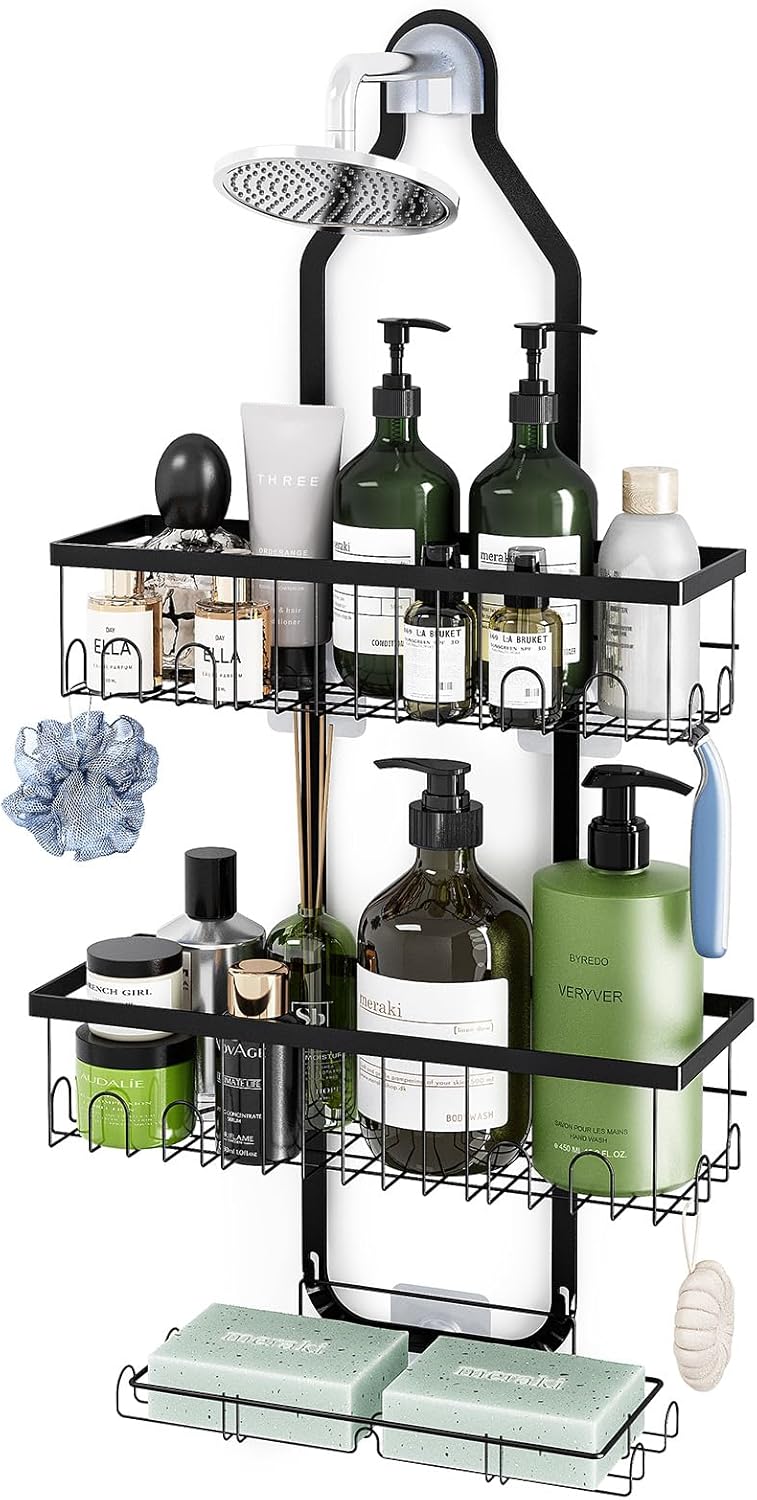 Fixwal Shower Caddy Hanging Over Head, Height Adjustable Bathroom Black Rustproof Shower Organizer Hanging Shelf Storage with 2 Soap Holders, Hooks for Towels, Sponge, Razor