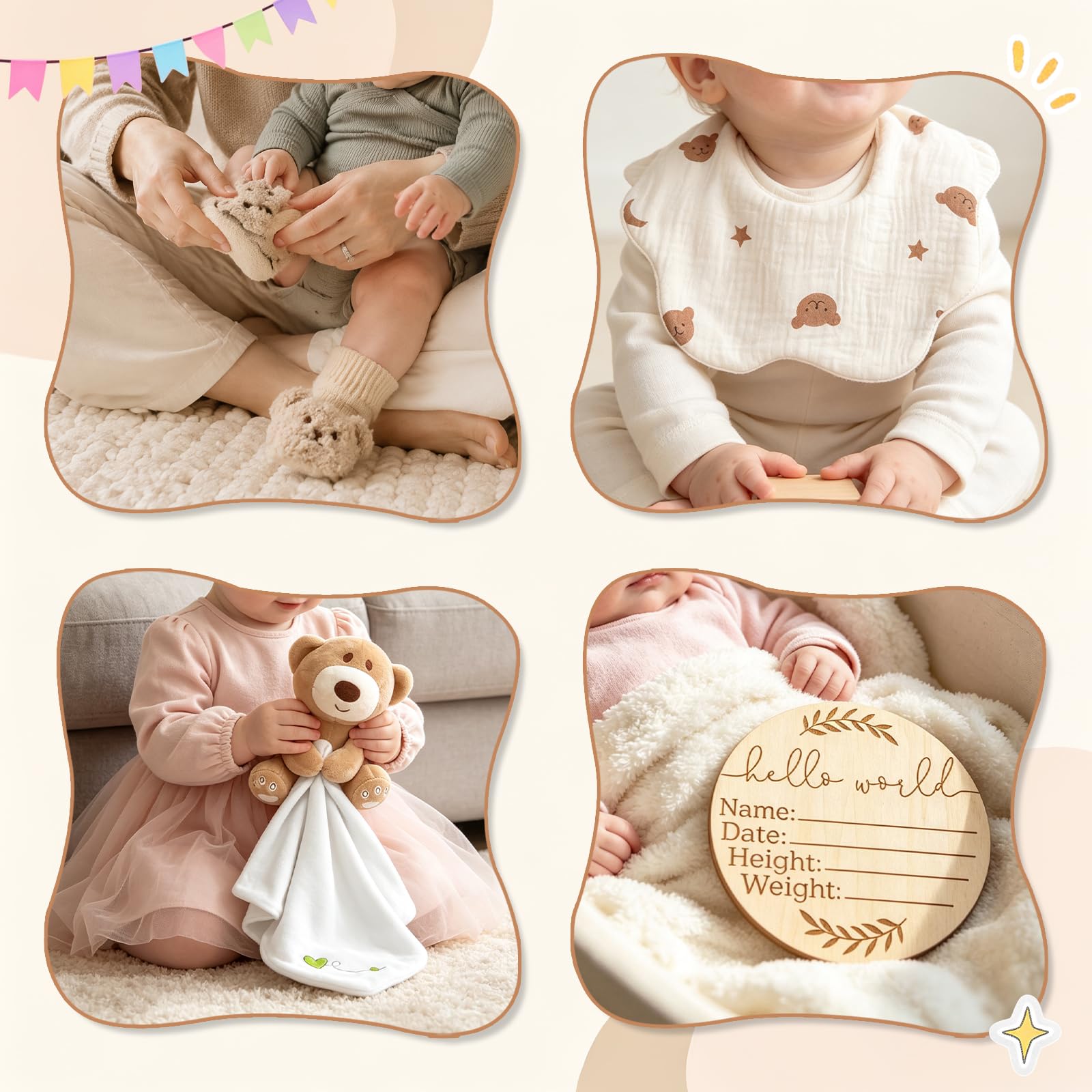 Regalo per neonati, 10 pezzi, grande cesto regalo per neonati, set regalo per bambini/ragazze, libro sensoriale, coperta, calzini fasciatoio, sonaglio, bavaglini, carte miliari