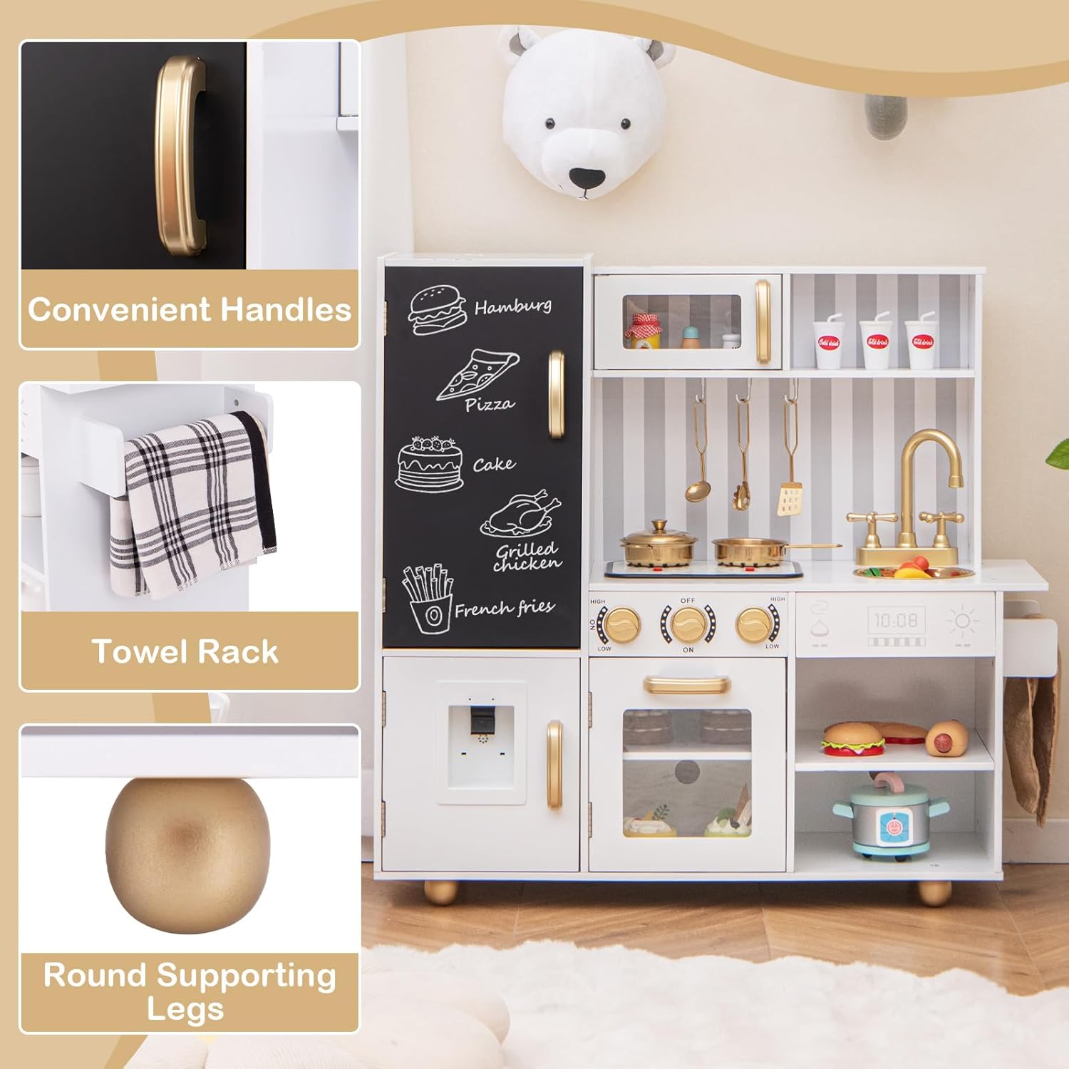 Kids Play Kitchen, Wooden Kids Pretend Cooking Toy w/Microwave, Easy Bake Oven, Water Dispenser, Chalkboard&Cooking Accessories, Toddler Kitchen Playset Toys for Girls & Boys (White + Golden)