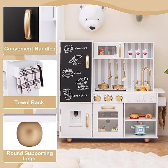 COSTWAY Kids Wooden Kitchen, Large Pretend Play Kitchen with Lights & Sounds, Blackboard, Realistic Oven, Sink, Utensils, Children Cooking Role Playset for Boys Girls (White+Golden)