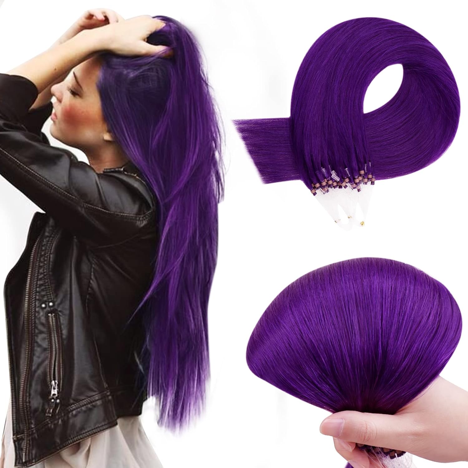 RUNATURE Micro Beads Hair Extensions Human Hair Purple Remy Micro Ring Human Hair