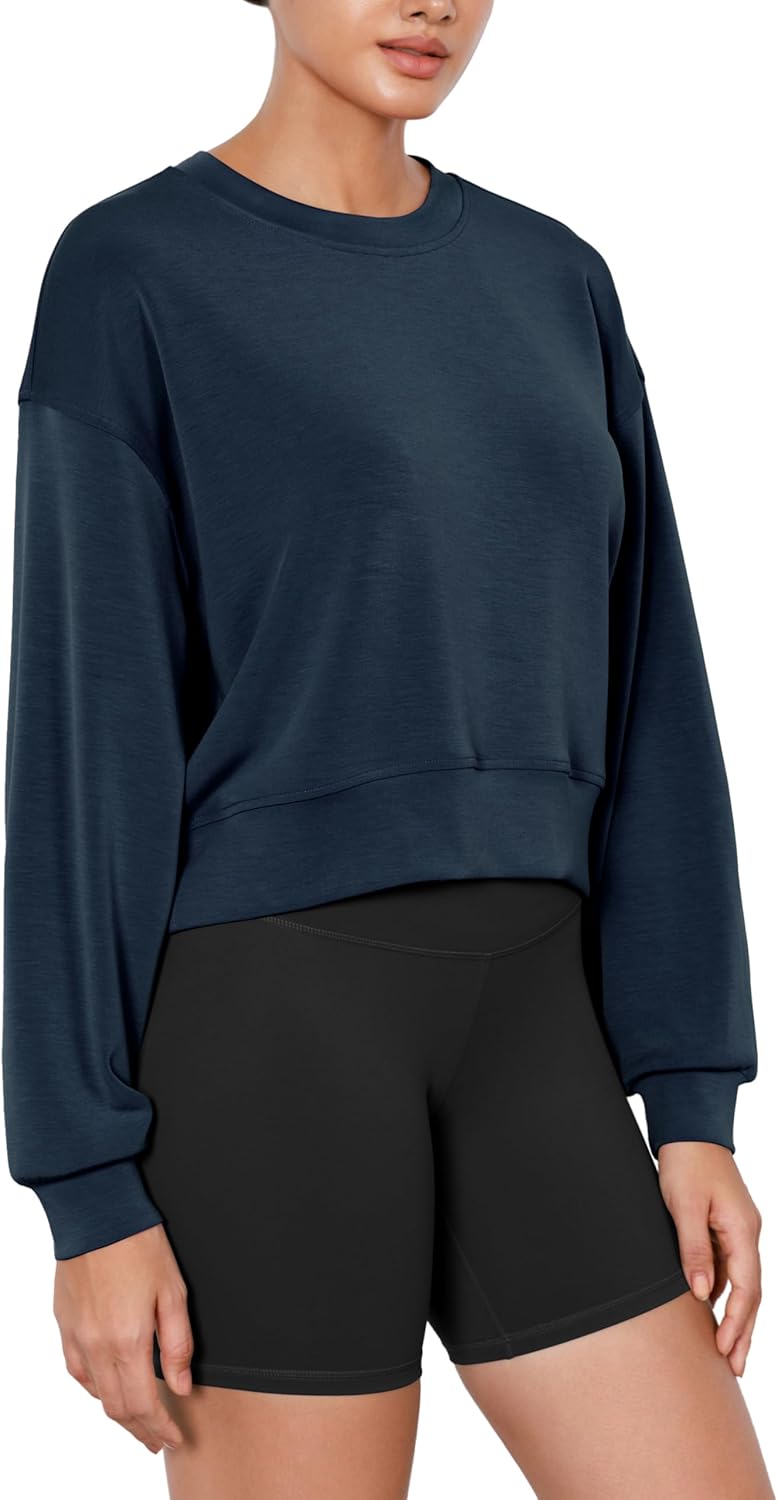 ODODOS Modal Soft Long Sleeve Cropped Sweatshirts for Women Oversized Crew Neck Pullover Crop Top