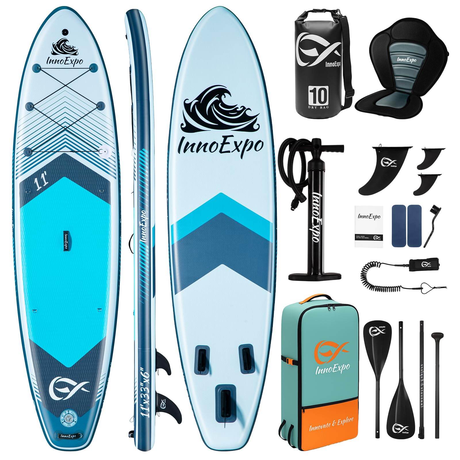Photo 1 of ***STOCK PHOTO REFERENCE ONLY***InnoExpo Inflatable Stand Up Paddle Boards with Premium Accessories, Wide Stable SUP Paddle Board Design, Non-Slip Comfort Deck for Youth & Adults (Marine/Kayak Seat, 11'x33''x6'')