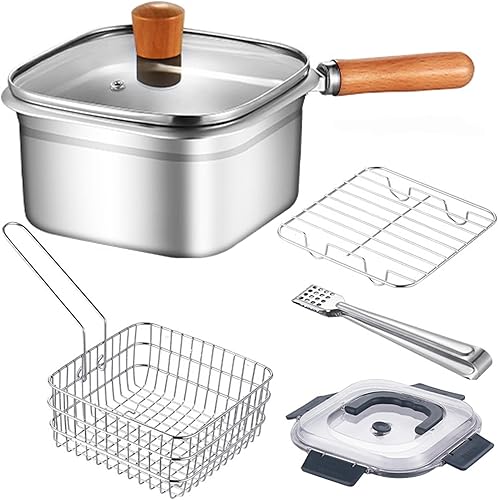 Miniatura 2 de Olla con mango de madera, juego de ollas de acero inoxidable con cesta coladora y tapa transparente, pinzas para alimentos y estante para freír