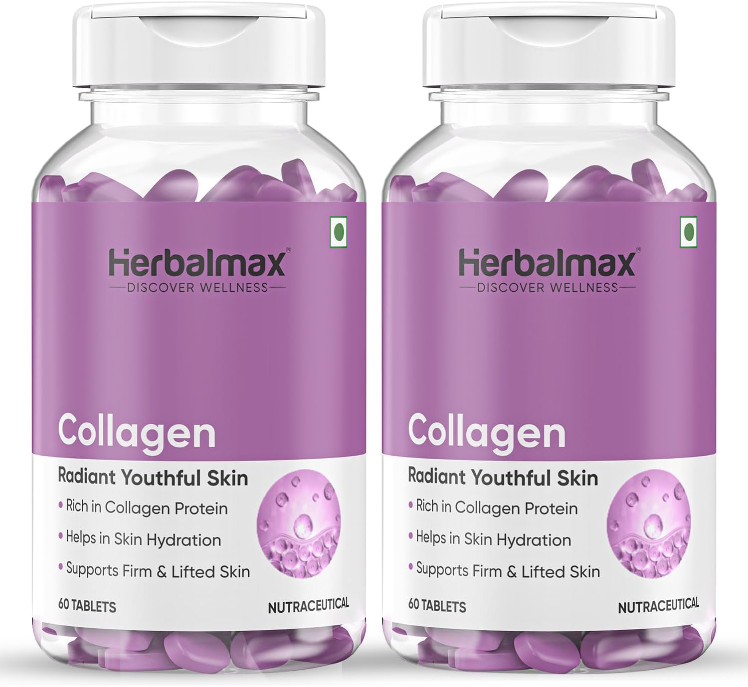Herbal Max Collagen Supplements – 120N (2×60 Tablets) | 800 mg Type 1 2 3 Collagen Supplement Veg Tablets with Biotin & L-Glutathione | Daily Use Formula for Skin Hair Nails Joints & Bones