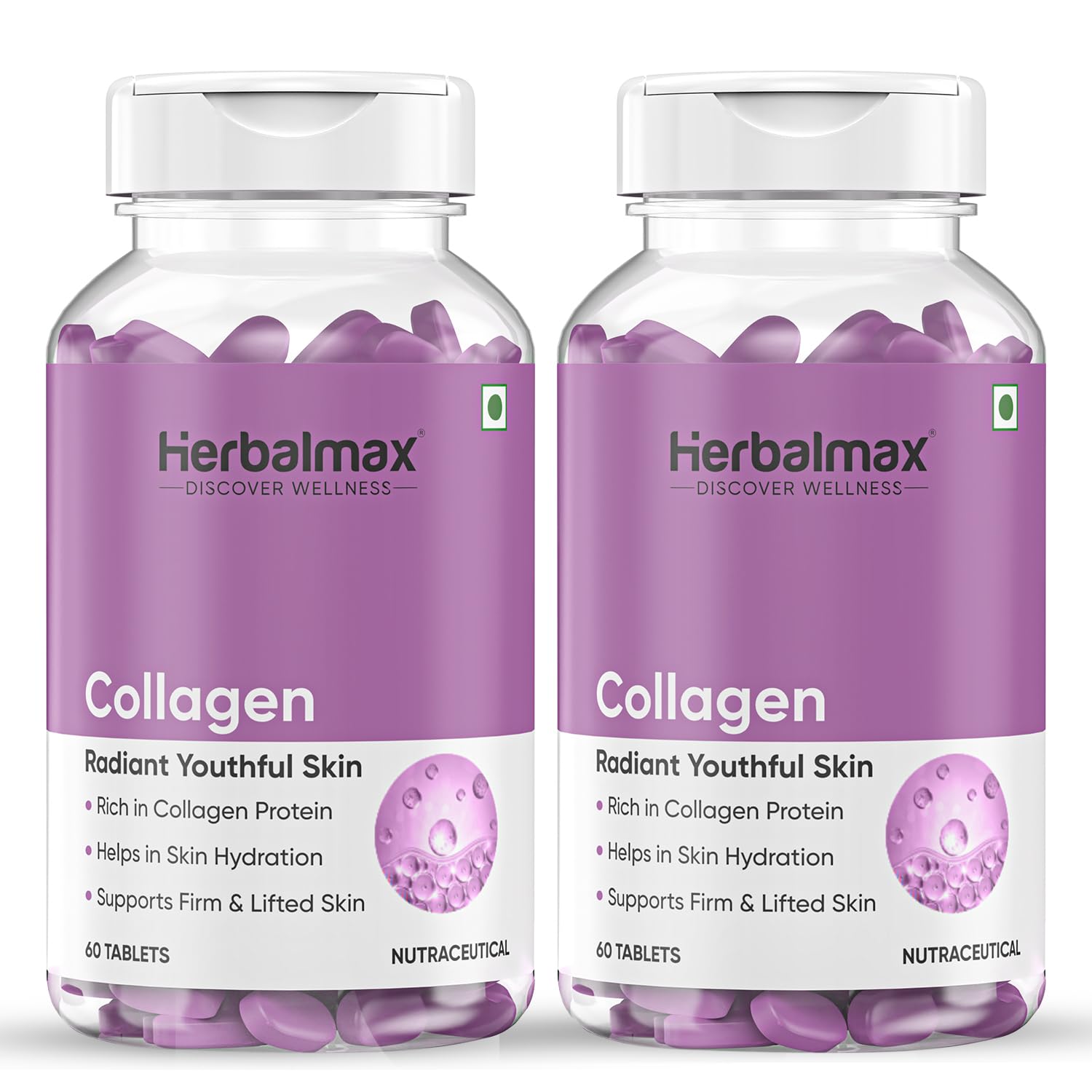 Herbal Max Veg Collagen Supplement Tablets – 120N (2x60 Capsules) | 800mg Type 1,2,3 Collagen with Biotin & L-Glutathione | Supports Glow Skin, Hair, Nails, Joints & Bone Health