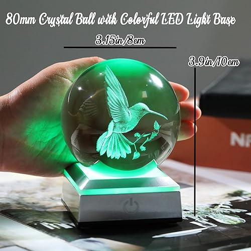 Miniatura 5 de Bola de cristal grabada en 3D colibrí con base LED colorida, ideas de esfera de vidrio de 3.15 pulgadas para amigos, exhibición de decoración del