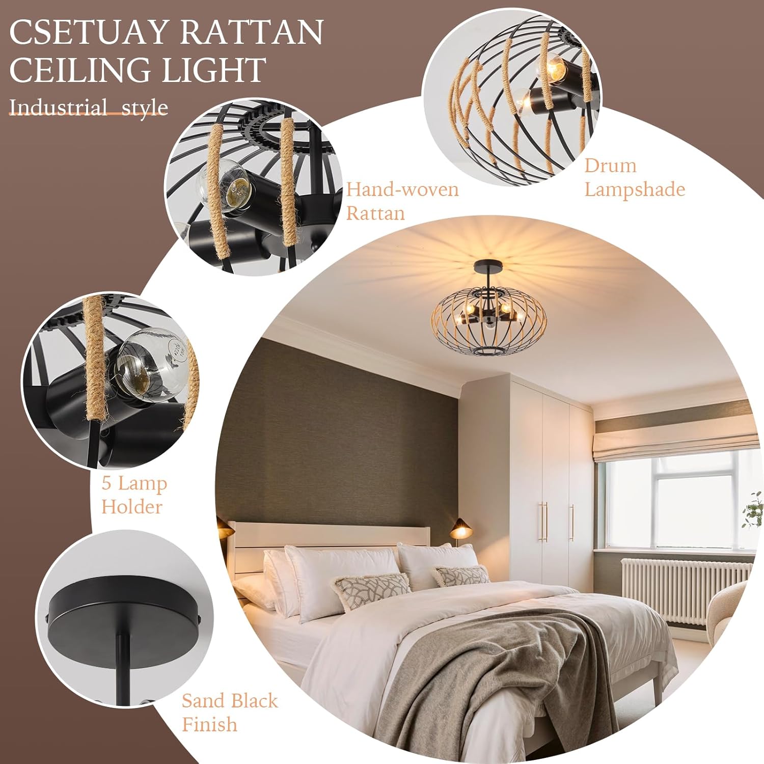 Modern Black Semi Flush Mount Ceiling Light, Rattan Industrial Chandelier for Dining Room,Living Room,Bedroom,Hallway,Kitchen,Bar 5-Light