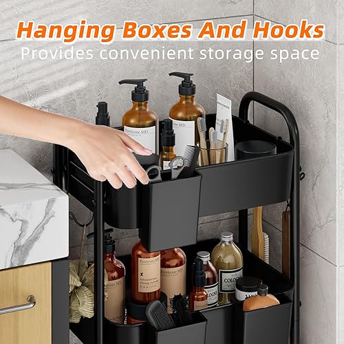Miniatura 2 de Simple Trending Carrito de metal de 3 niveles con ruedas, carrito de almacenamiento resistente con 3 cajas y ganchos para la cocina para organizar