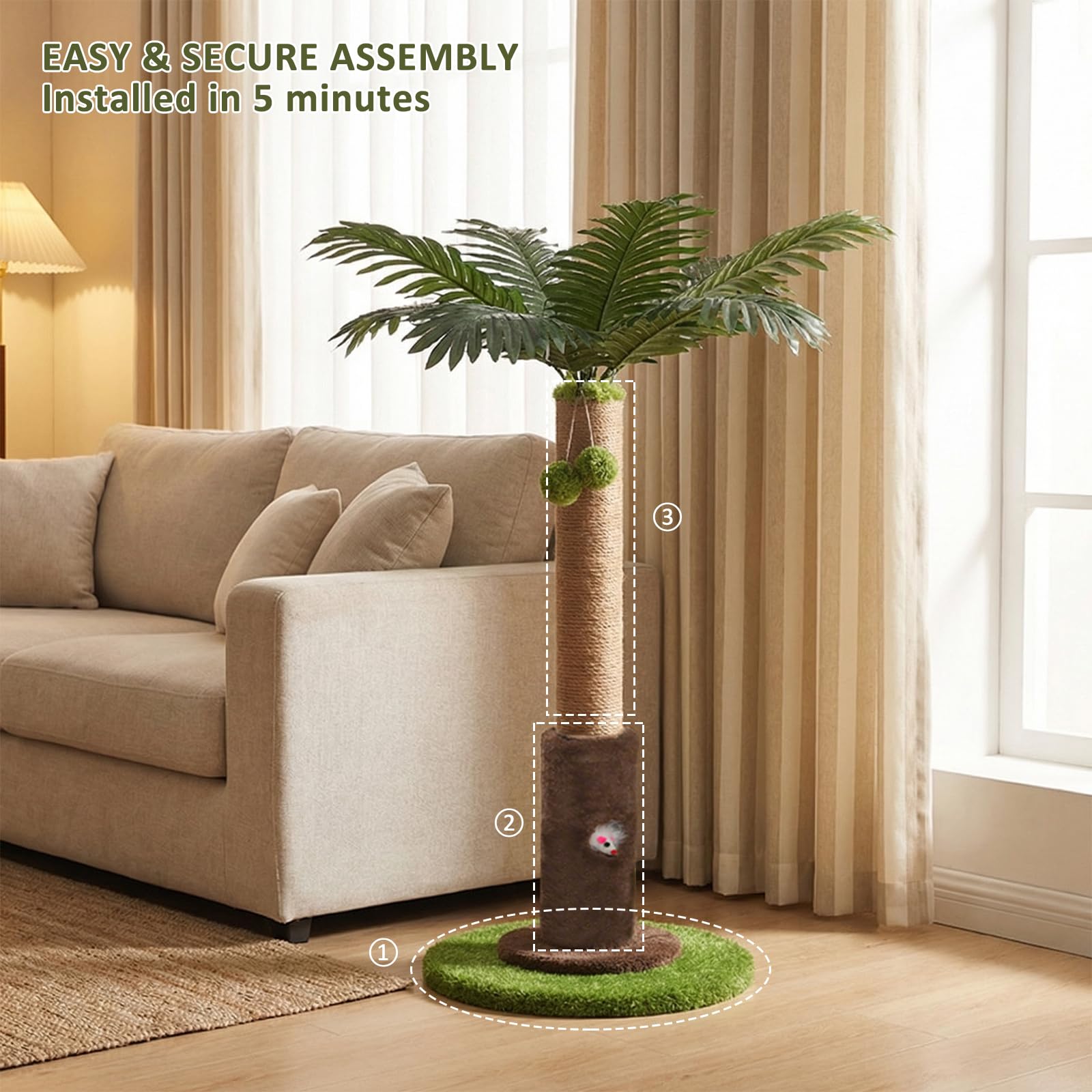 93 cm Kratzbaum, niedlicher Sisalseil-Kratzbaum mit baumelnden Bällen für Kätzchen & kleine Indoor-Katzen, langlebige und interaktive Kratzbäume (L)