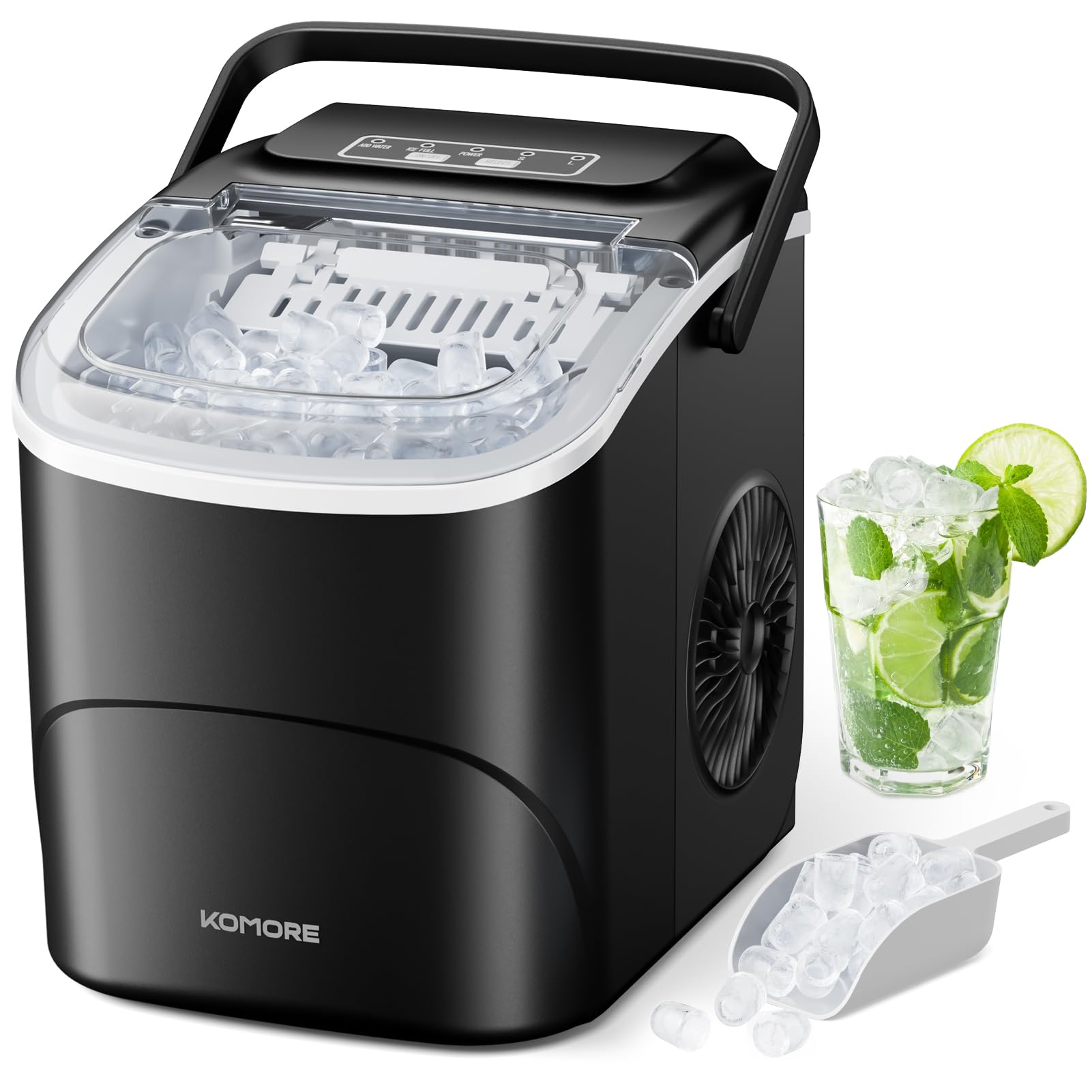 KOMORE Ice Maker with Handle, Portable Self-Cleaning Ice Machine Countertop, 2 Sizes of Bullet Ice Maker Machine, 9 Cubes Ready in 6 Mins, 12Kg/24H, Ice Scoop & Basket, Perfect for Home/Office/Bar