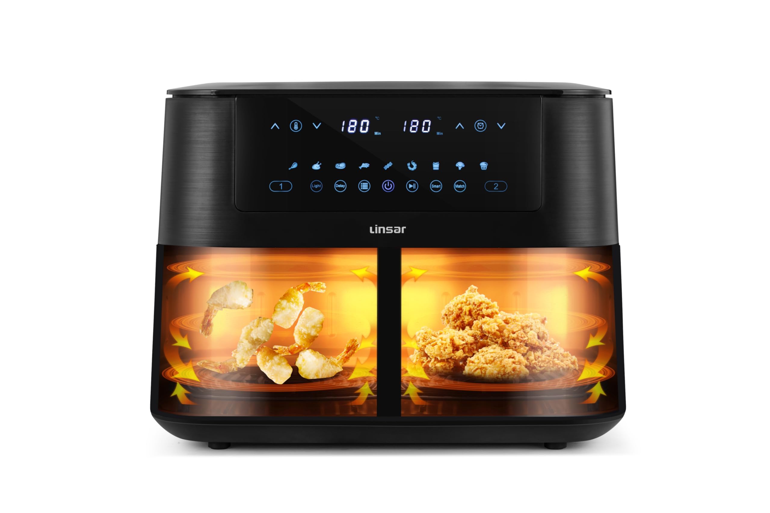 Linsar Dual Zone Heißluftfritteuse mit Doppelkammer, 8L Air Fryer 2 Körben mit Sichtfenster, Touchscreen,9 Presets,Dual Cook, Synchronisieren Fertig Technik, 2570-3040 Watt (Schwarz)
