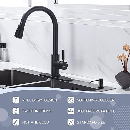 Vista 59 de WEWE Grifo de cocina en cascada con rociador extraíble, 3 modos (barrido/corriente/cascada) modo de interruptor giratorio, grifo de fregadero