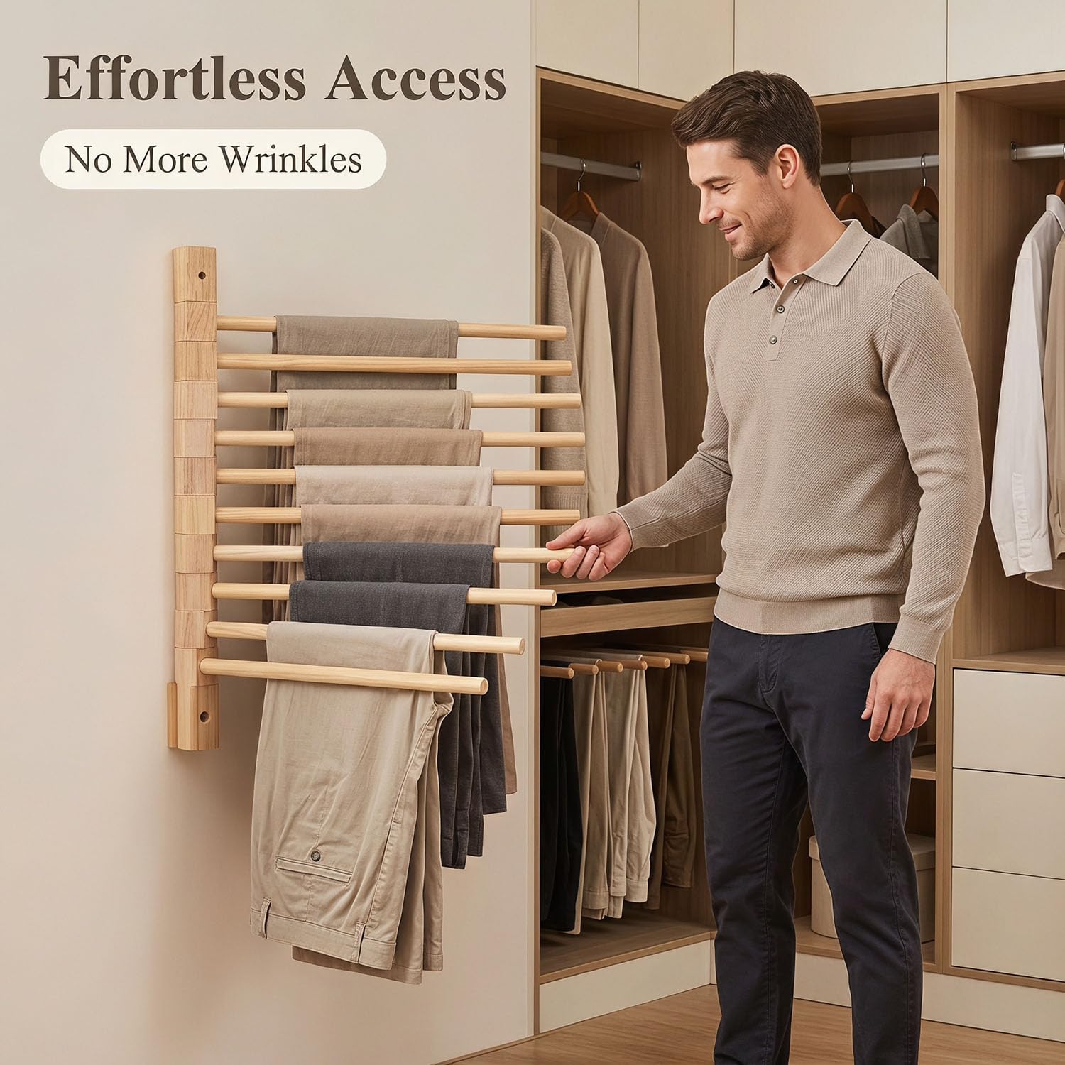 Wall Mounted Wooden Trouser Rack Studio Space Saving Storage Organizer