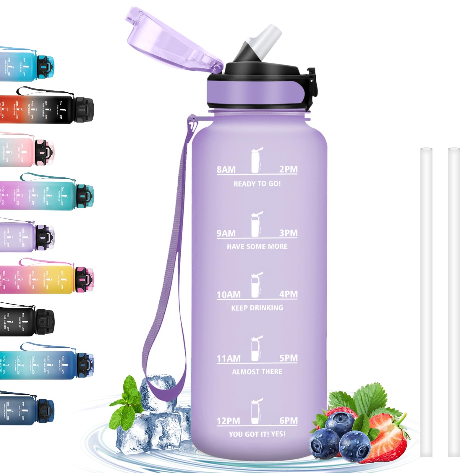 Drinking Bottle, 1.5 Litres, Water Bottle with Straw, Gym Water Bottle with Motivational Slogan, Easy to Clean, Water Bottle for Camping, Outdoor, Hiking, Running, Purple