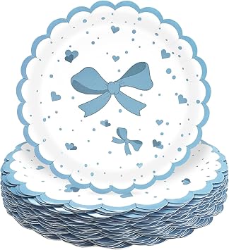 HEIPINIUYE 50 Pieces Light Blue Bow Paper Plates 7 Inch Blue Scalloped Plates Disposable Dinner Plate for Wedding Baby Shower Birthday Party Dessert Plate