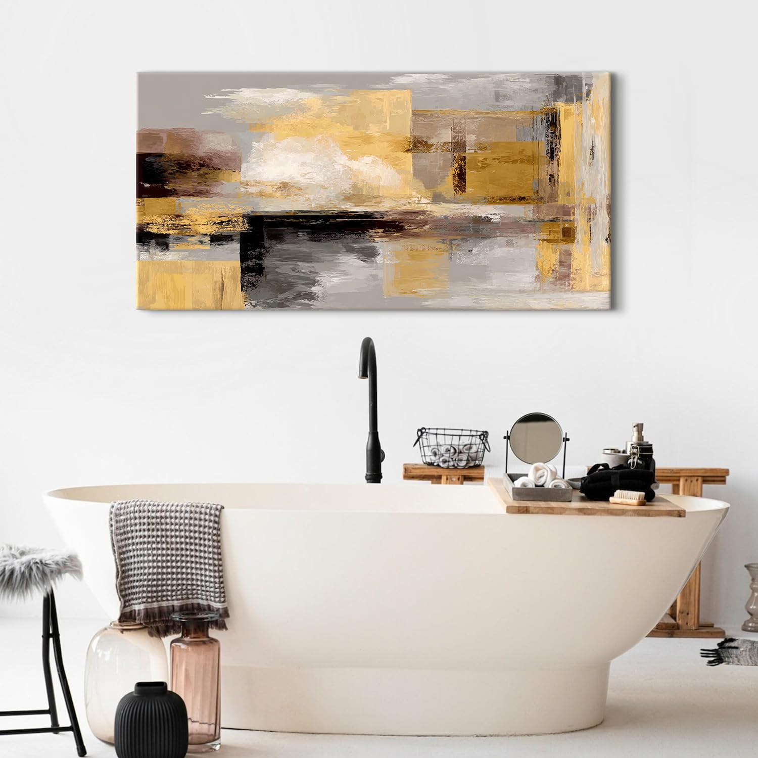 AREBOLO Grande Tableau Décorative Abstrait 50x100 cm - Affiches Impression sur Toile Moderne - Décoration Murale pour Salon et Chambre Or Jaune - Noir Beige - Abstraction Décoration Murale Luxe